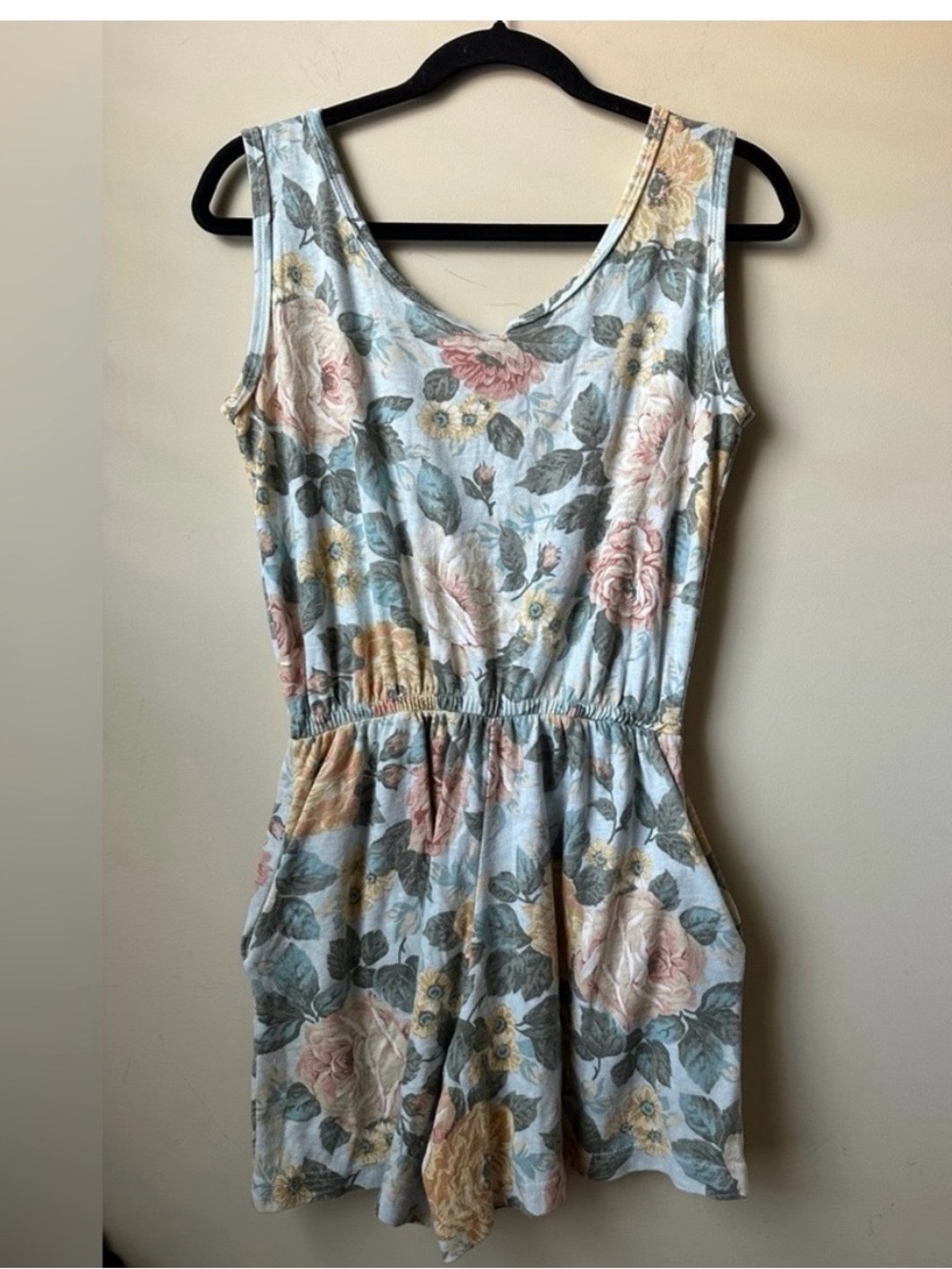 Vintage 90s Floral Romper Sm Sleeveless V-Neck Pockets cottagecore grungefairy